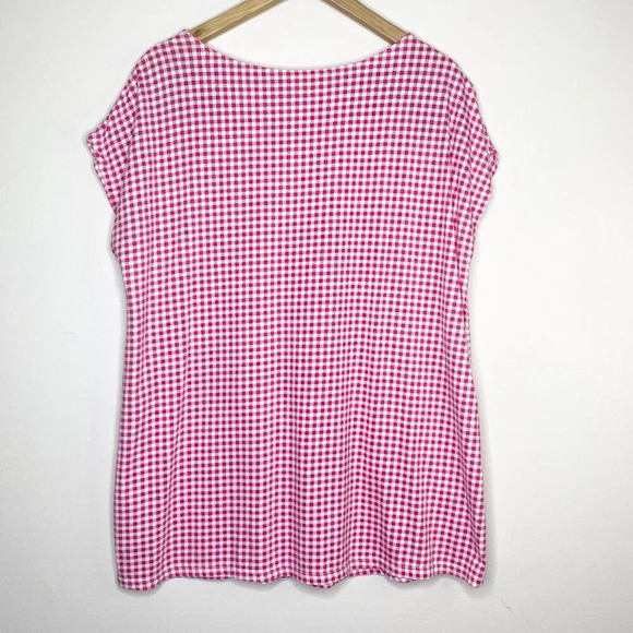 Woman Within Pink Gingham Blue Floral Embroidered Top Short Sleeve 14/16 - Picture 5 of 10